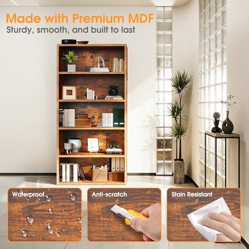 Sweetcrispy 5 Shelf Bookcase Open Display Bookshelf Storage Organizer | 53 Inches Tall Book Shelf Floor Standing Corner Unit, Living Room, Home Office, Kitchen, Bedroom, Rustic Brown Wood