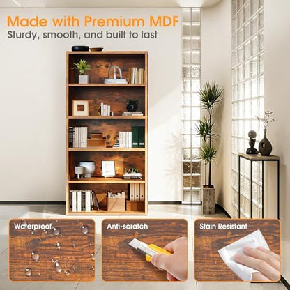 Sweetcrispy 5 Shelf Bookcase Open Display Bookshelf Storage Organizer | 53 Inches Tall Book Shelf Floor Standing Corner Unit, Living Room, Home Office, Kitchen, Bedroom, Rustic Brown Wood