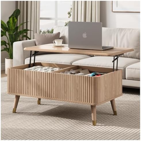 JOINICE 31.5" Round Coffee Table with Storage for Living Room, Walnut | Hidden Storage,Fluted Sliding Door,Mid Century Furniture for Small Apartments,Solid Wood Legs,Easy Assembly,Up to 110 lbs — Oak_rectangle (2)