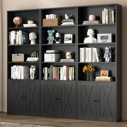 Shintenchi Bookshelf, Industrial Bookshelves and Bookcases with Doors Floor Standing 6 Shelf Display Storage Shelves 70.9 inches Tall Bookcase for Home Office, Living Room (Black)