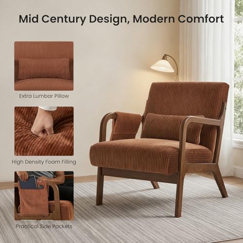 DUMOS Mid Century Modern Accent Chair, Upholstered Armchair with Lumbar Pillow and Solid Wood Frame, Comfy Reading Chair for Small Living Room, Bedroom, Guest Room, Navy Blue