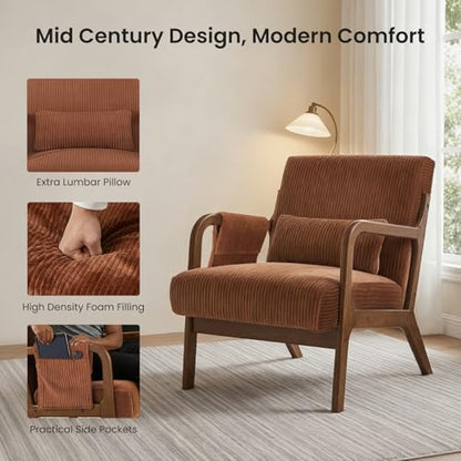 DUMOS Mid Century Modern Accent Chair, Upholstered Armchair with Lumbar Pillow and Solid Wood Frame, Comfy Reading Chair for Small Living Room, Bedroom, Guest Room, Navy Blue