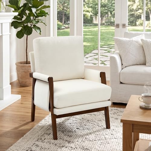 RNKSFX Cream Accent Chair for Bedroom & Living Room, Mid Century Modern Accent Arm Chair, Upholstered Anthropologie Accent Chair with Solid Wood Frame, Fabric
