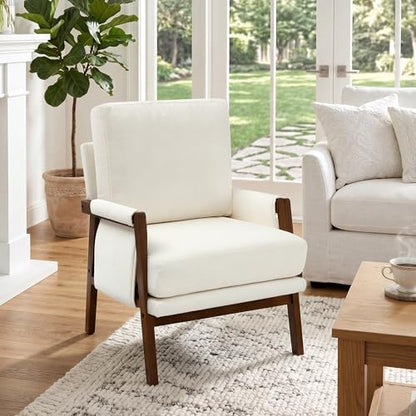 RNKSFX Cream Accent Chair for Bedroom & Living Room, Mid Century Modern Accent Arm Chair, Upholstered Anthropologie Accent Chair with Solid Wood Frame, Fabric