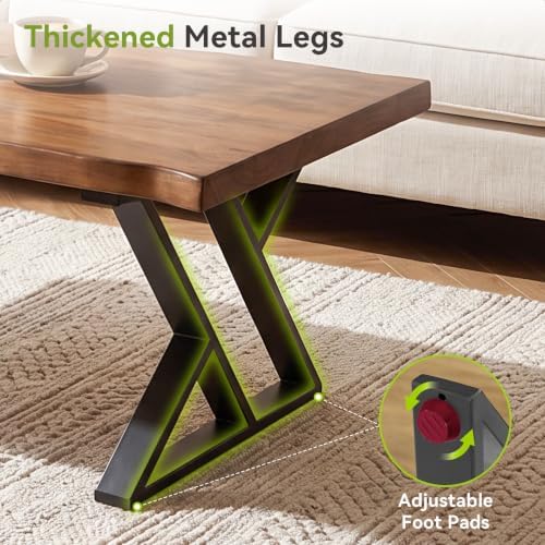 47 Inch Solid Wood Coffee Table with X-Shaped Metal Legs for Living Room | Pinewood Tabletop, Wavy Sihouette Design, Adjustable Foot Pads, Spacious Accent Center Table for Daily Storage & Display