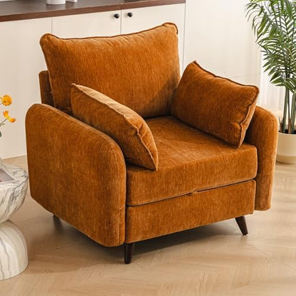 Rexulqo Oversized Accent Chair with All Seats Storage,Comfy Living Room Chairs with 2 Throw Pillow,Upholstered Mid-Century Armchair,24.5'' Deep Seat,Reading Chair for Bedroom,Office,Chenille,Orange — 1*Chair + 1*Ottoman / Brownish Yellow (2)