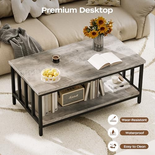 Homeiju Coffee Table for Living Room with Slatted Sides Frame, Modern Farmhouse Living Room Table with 2-Tier Storage Shelf for Home Office, Apartment, Grey Wash, 39 inch