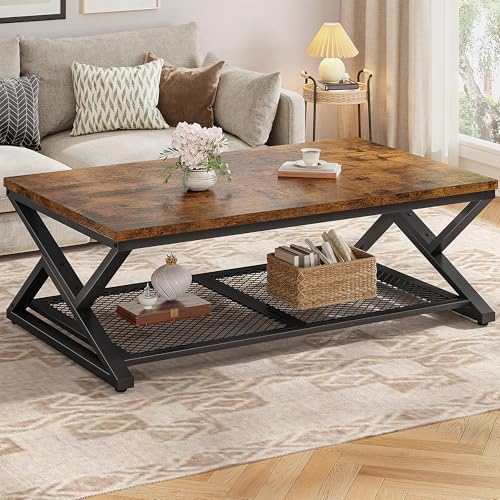 EnHomee Coffee Table with Storage & Shelf for Living Room, Rustic Brown | Families, Wood & Metal, Holds Magazines & Drinks, Industrial Design — Rustic Brown / 39.4 Inch (10)