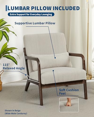 Garvee Mid-Century Chenille Accent Chair, Cozy Reading Chair, Modern Lounge Armchair with Lumbar Pillow, Solid Wood Frame, for Living Room, Bedroom, Office, Beige
