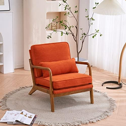 Karl home Mid-Century Modern Accent Reading Chair, Beige | Linen Upholstered, Solid Wood Frame, Soft Cushion, Lumbar Pillow, Lounge Armchair for Living Room, Bedroom, Balcony, Study — Linen Orange (2)