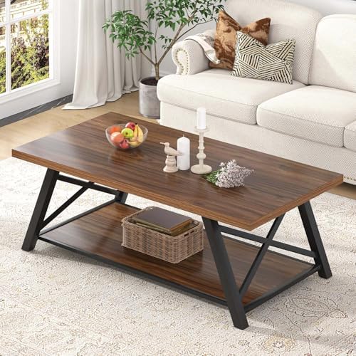 EXCEFUR Modern Coffee Table, Rectangle Center Table for Living Room with Storage Shelf, Industrial Wood and Metal Cocktail Tea Table, Rustic Oak, 47 Inch — Walnut (2)