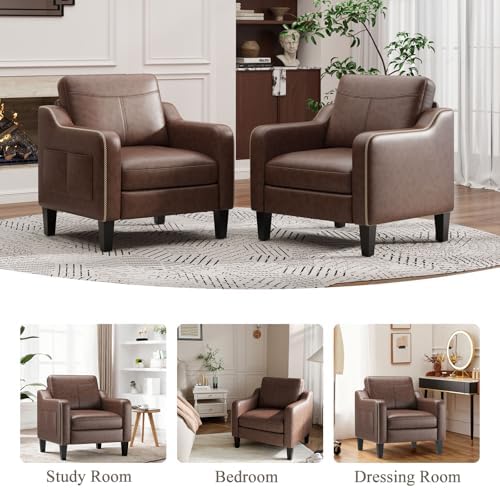 MALOL PU Leather Accent Chair, Mid-Century Modern Living Room Armchair Sofa with Removable Cushions, Solid Wood Frame & Stitched Armrest Design, Bedroom Chair with Plastic Legs, Chocolate Brown