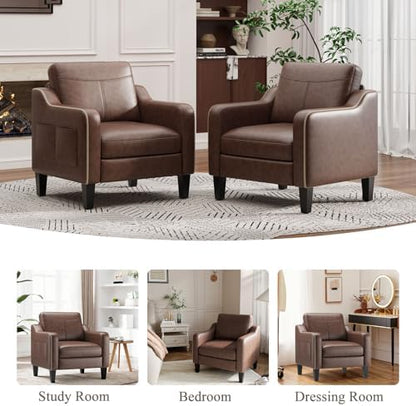 MALOL PU Leather Accent Chair, Mid-Century Modern Living Room Armchair Sofa with Removable Cushions, Solid Wood Frame & Stitched Armrest Design, Bedroom Chair with Plastic Legs, Chocolate Brown