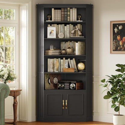 UPOSOJA 83” Tall Corner Bookshelf with Storage Cabinet, L-Shaped 5 Tier Bookcase Open Racks, Classical Style Bookshelves Adjustable Shelves, Home Office, Living Room & Kitchen — Black (2)