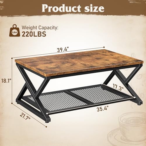 EnHomee Coffee Table with Storage & Shelf for Living Room, Rustic Brown | Families, Wood & Metal, Holds Magazines & Drinks, Industrial Design