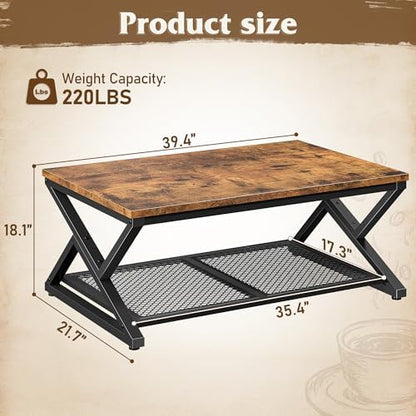 EnHomee Coffee Table with Storage & Shelf for Living Room, Rustic Brown | Families, Wood & Metal, Holds Magazines & Drinks, Industrial Design