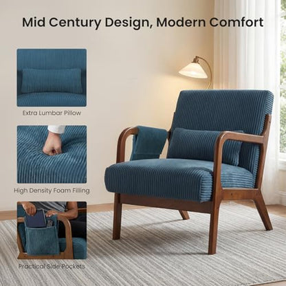DUMOS Mid Century Modern Accent Chair, Upholstered Armchair with Lumbar Pillow and Solid Wood Frame, Comfy Reading Chair for Small Living Room, Bedroom, Guest Room, Navy Blue