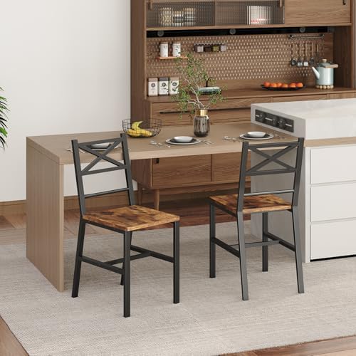 MAHANCRIS Dining Chair Set of 2, Rustic Wooden Kitchen Chairs with Backrest, Farmhouse Dining Chairs for Kitchen, Industrial Style Chair with Metal Frame, Easy Assembly, Rustic Brown TBHR1001
