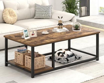 EXCEFUR Modern Coffee Table, Rustic Wood and Metal Living Room Table with Storage Shelf, Industrial Brown, 47 Inch