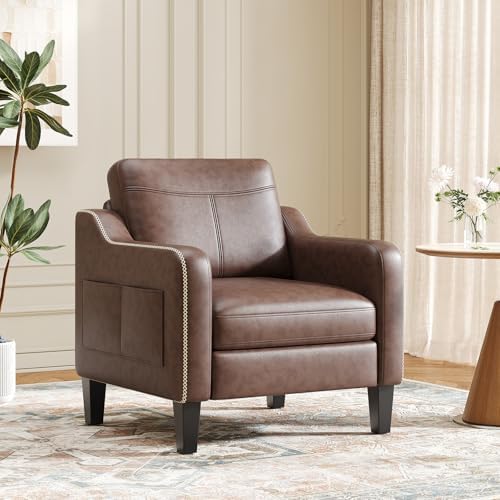 MALOL PU Leather Accent Chair, Mid-Century Modern Living Room Armchair Sofa with Removable Cushions, Solid Wood Frame & Stitched Armrest Design, Bedroom Chair with Plastic Legs, Chocolate Brown
