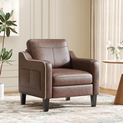 MALOL PU Leather Accent Chair, Mid-Century Modern Living Room Armchair Sofa with Removable Cushions, Solid Wood Frame & Stitched Armrest Design, Bedroom Chair with Plastic Legs, Chocolate Brown