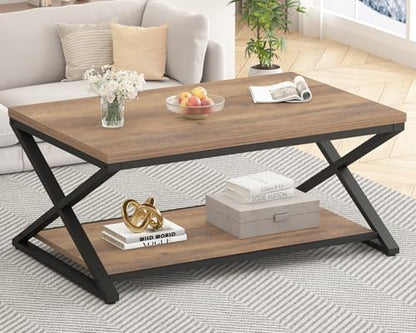 HSH Rustic Farmhouse Coffee Table, Modern Minimalist Wood and Metal Living Room Table, 2 Tie Rectangle Center Table with Storage & Display Shelf, Simple Office Cocktail Tea Table, Rustic Oak, 39 Inch