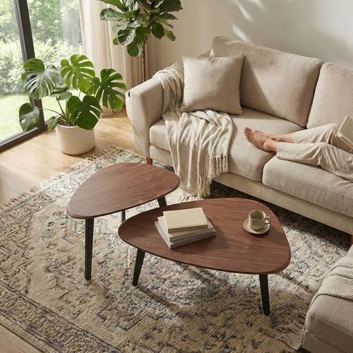 Nesting Coffee Table Set of 2-Mid Century Modern Coffee Table | Guitar Pick Stacking Tables with Solid Wood Legs,Small Coffee Tables for Small spaces,Living Room,Balcony — Walnut (2)