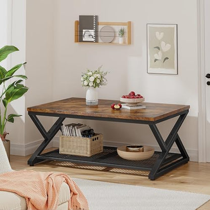 EnHomee Coffee Table with Storage & Shelf for Living Room, Rustic Brown | Families, Wood & Metal, Holds Magazines & Drinks, Industrial Design