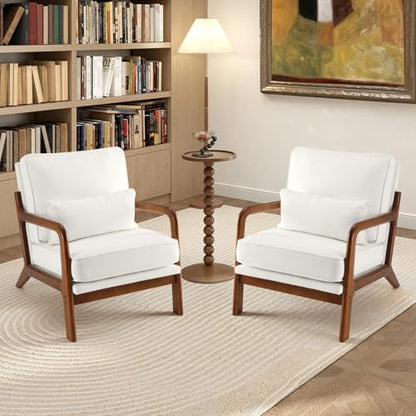 DUMOS Mid Century Modern Accent Chair, Armchair with Lumbar Pillow and Waist Cushion, Solid Wood Frame Lounge Chair for Living Room, Bedroom, Reading Nook, Small Apartment Corner, Ivory White