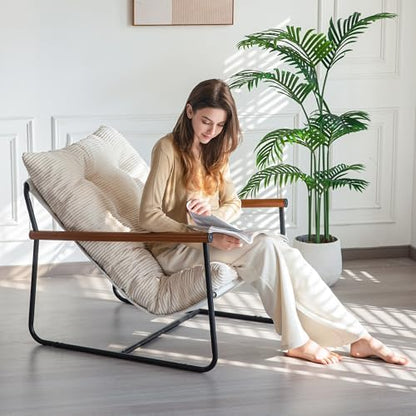 MAXYOYO Modern Accent Chair, Comfy Living Room Chair with Metal Frame Wooden Armrest, Upholstered Armchair with Soft Cushion for Bedroom Balcony Lounge Reading Room, Beige