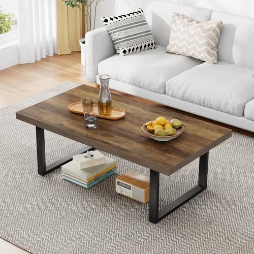 IBF Rustic Coffee Table, Industrial Simple Wooden Living Room Table, Modern Minimalist Farmhouse Rectangle Center Table, Wood and Metal Vintage Tea Coffee Table for Home Bedroom, Rustic Brown, 39 Inch