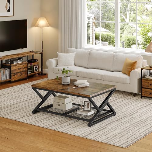 EnHomee Coffee Table with Storage & Shelf for Living Room, Rustic Brown | Families, Wood & Metal, Holds Magazines & Drinks, Industrial Design
