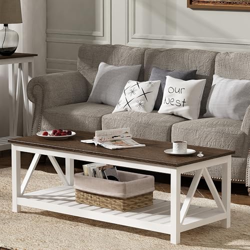 ChooChoo Farmhouse Coffee Table, Rustic Vintage Living Room Table with Shelf, 40 White — White / 40 Inches (9)