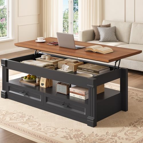 Itaar 47.2" Lift Top Coffee Table with Storage, Farmhouse Coffee Tables for Living Room with 4 Wood Drawers & Large Hidden Storage Space, Center Table for Living Room, Black + Brown