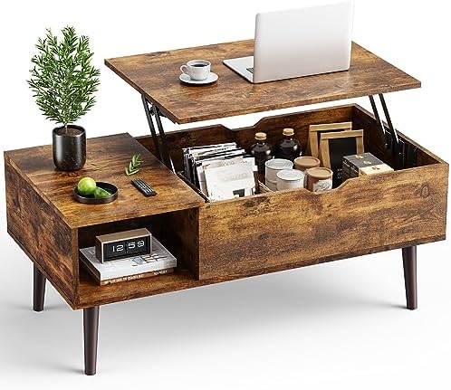 OLIXIS Wooden Coffee Table, Lift Top Coffee Table with Large Hidden Compartment and Ample Storage Shelf, Lift Tabletop Dining Table for Living Room, Home Small Space, Rustic — Rustic / 19.7 inches x 39.4 inches x 6.3 inches (8)