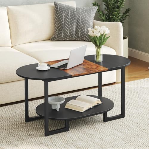 HOOBRO Coffee Table for Living Room, Oval Small Coffee Table with 2-Tier Open Storage Shelf, Industrial Cocktail Tea Table, Wooden Desktop Center Table, Farmhouse, Home Office, Rustic Brown BF09KF01 — Rustic Brown and Black (2)