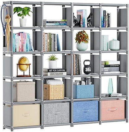 Mavivegue Book Shelf, 12 Cube Storage Organizer, DIY Bookcase, Metal Bookshelf,Tall Book case for Bedroom, Living Room,Office,Closet, Black Cubicle Rack — Grey / 20-Grid (2)