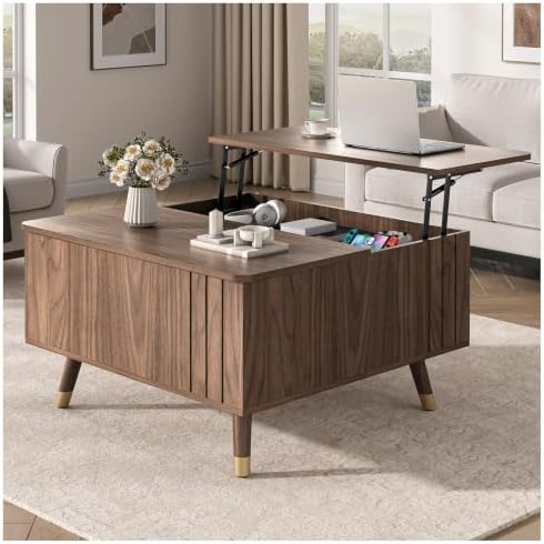 JOINICE 31.5" Round Coffee Table with Storage for Living Room, Walnut | Hidden Storage,Fluted Sliding Door,Mid Century Furniture for Small Apartments,Solid Wood Legs,Easy Assembly,Up to 110 lbs — Walnut_square (2)
