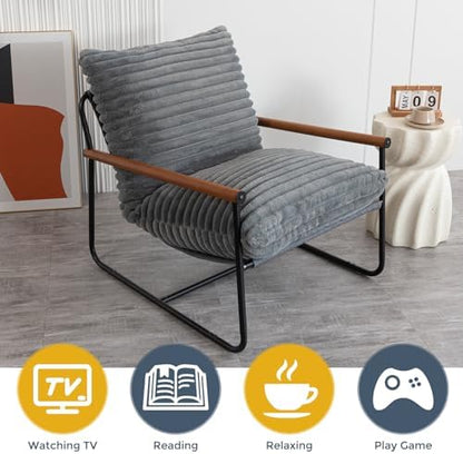 MAXYOYO Accent Chair, Sherpa Arm Chair for Living Room, Mid Century Modern Accent Chairs, Boucle Reading Bedroom Chair, Teddy Armchair, Wooden Arms Metal Frame