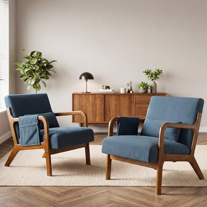 DUMOS Mid Century Modern Accent Chair, Upholstered Armchair with Lumbar Pillow and Solid Wood Frame, Comfy Reading Chair for Small Living Room, Bedroom, Guest Room, Navy Blue