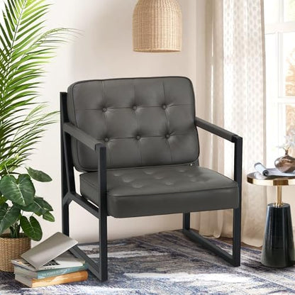 COLAMY Mid Century Modern Accent Chair Set of 2, Comfy Living Room Chair, Black Leather Accent Chair, Faux Leather Reception Armchair with Metal Legs for Living Room Bedroom Reception Office, Black