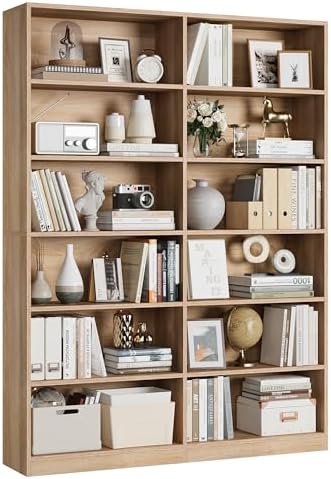 FACBOTALL Bookshelf and Bookcase, 6-Tier Double Wide Bookshelves,Freestanding Display Storage Shelves, Tall Bookcases for Home Decor Bedroom, Living Room, Home Office, Light Oak — Light Oak (8)