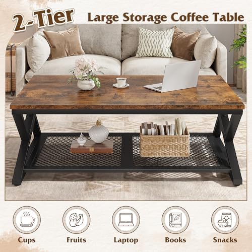 EnHomee Coffee Table with Storage & Shelf for Living Room, Rustic Brown | Families, Wood & Metal, Holds Magazines & Drinks, Industrial Design