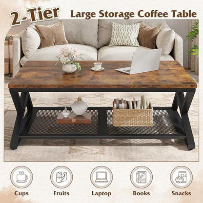 EnHomee Coffee Table with Storage & Shelf for Living Room, Rustic Brown | Families, Wood & Metal, Holds Magazines & Drinks, Industrial Design