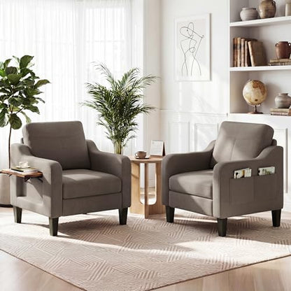 Accent Chair for Living Room, Mid-Century Upholstered Armchair with Foldable Table & 2 Side Pockets, Modern Linen Wooden Sofa Chair for Bedroom & Reading Room, Light Grey