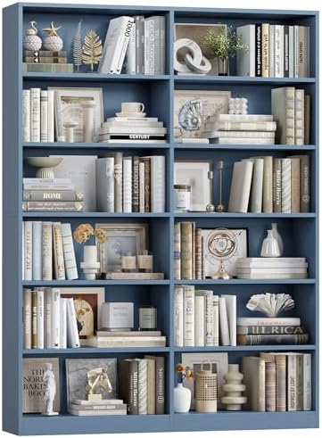 FACBOTALL Bookshelf and Bookcase, 6-Tier Double Wide Bookshelves,Freestanding Display Storage Shelves, Tall Bookcases for Home Decor Bedroom, Living Room, Home Office, Light Oak — Blue (2)