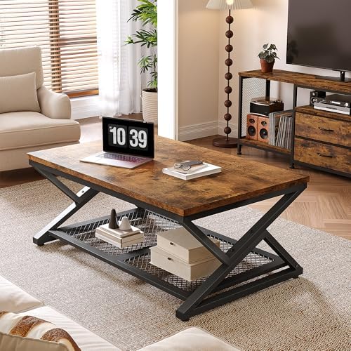EnHomee Coffee Table with Storage & Shelf for Living Room, Rustic Brown | Families, Wood & Metal, Holds Magazines & Drinks, Industrial Design