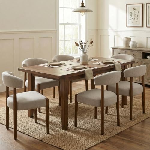 VKNOW Wooden Dining Chairs Set of 4, Modern Upholstered Dining Room Chairs with Walnut Wood Legs and Curved Backrest, Fabric Kitchen Chairs for Farmhouse/Living Room/Dining Room, Green