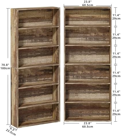 IRONCK Bookshelf and Bookcases 70" Tall, 6 Tiers Display Storage Shelves | Bookshelves Set of 2, Wood Bookcase with Open Display Shelves for Home Office, Living Room, Library, Industrial Brown