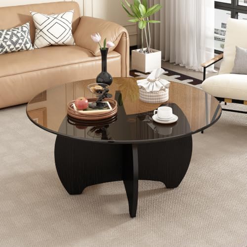 31.5'' Round Coffee Table with Tempered Glass Top, Modern Center Table for Small Spaces - Sturdy Black Board Frame, Simple Design for Living Room, Home, Office - Easy Assembly.
